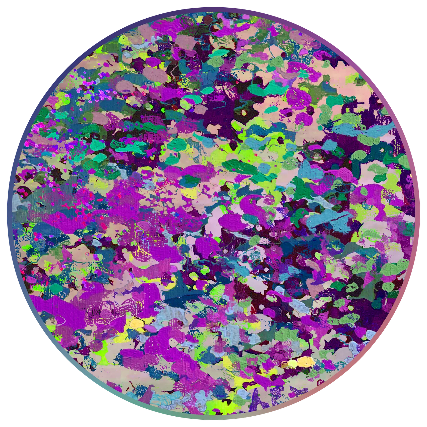 A circular work in violet, magenta and blue.
